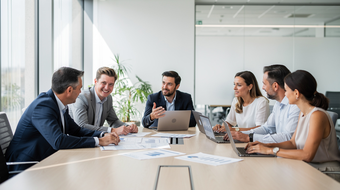 Diverse team of professionals discussing around a table in a bright office