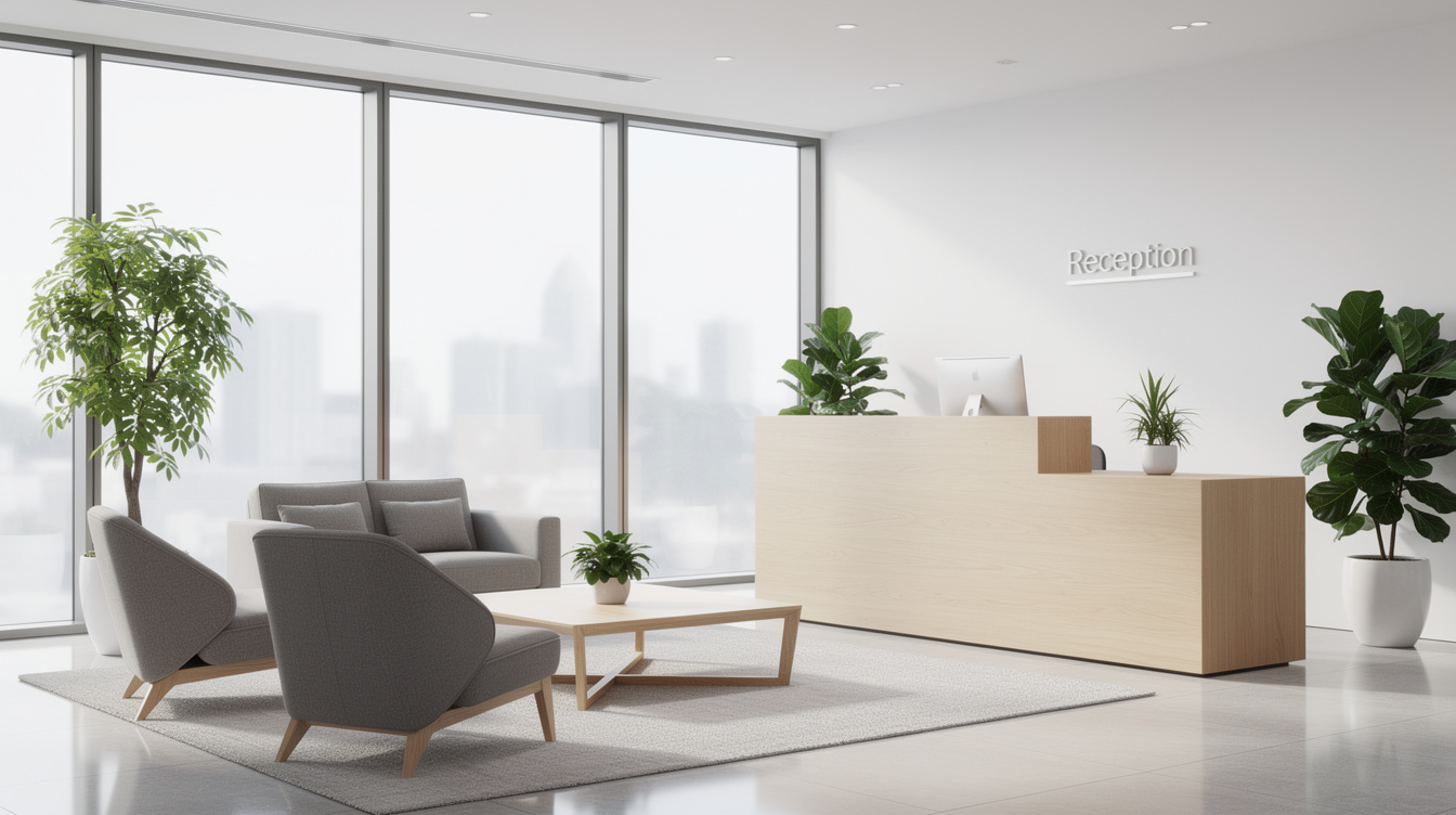 Bright and welcoming office reception area with plants